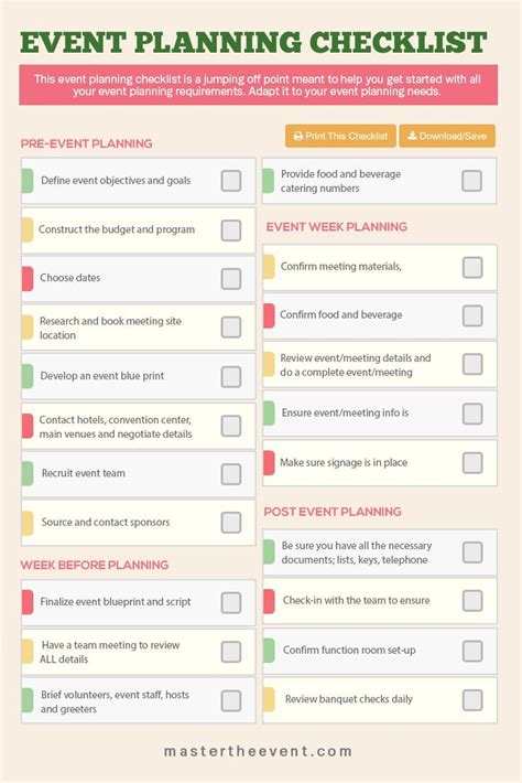 The Event Planning Checklist Is Shown In Red And Green With Text On It