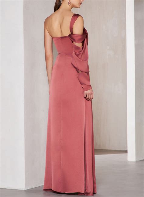 One Shoulder Long Sleeves Satin Rose Evening Dresses Missacc