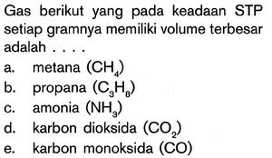 Gas Berikut Yang Pada Keadaan Stp Setiap Gramnya Memiliki