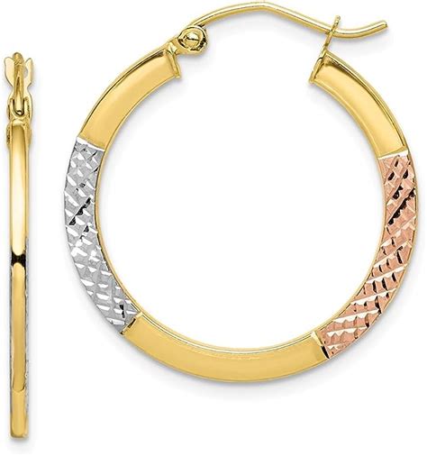 K Yellow Gold White Rose Rhodium Diamond Cut X Mm Hoop Earrings