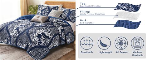 DJY Navy Quilt Set King Size Boho Damask Bedspread Coverlet Set Soft