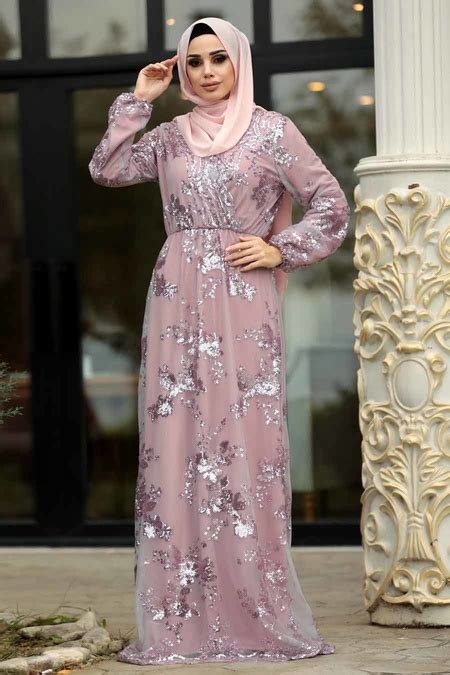 Rose Poudr Tesett Rl Abiye Elbise Robe De Soir E Hijab Pd