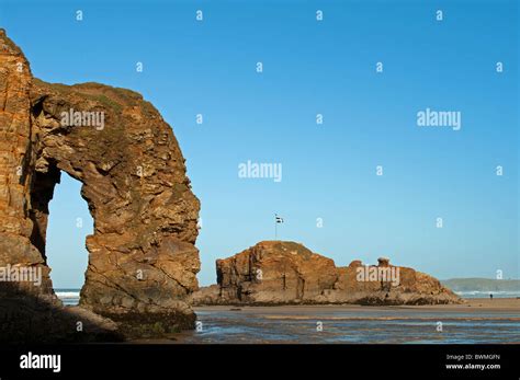 Rock Formations On The Beach At Perranporth In Cornwall Uk Stock Photo