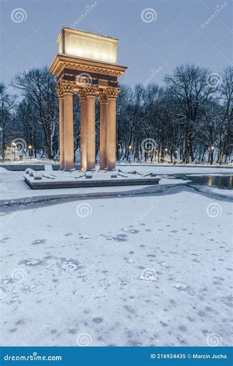 Park Strzelecki In Tarnow Lesser Poland Josef Bem Monument On Pond In