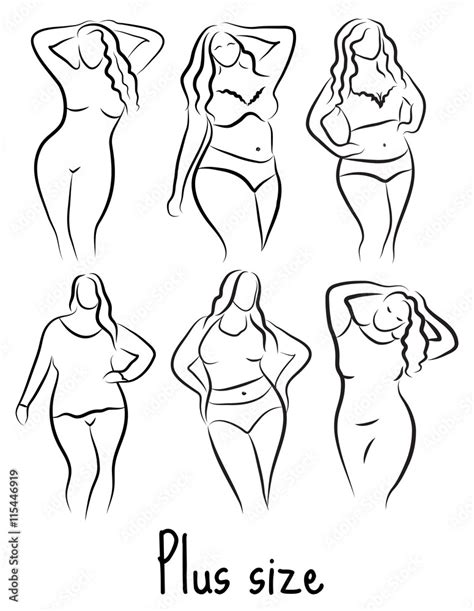 Plus Size Model Woman Sketch Hand Drawing Style Fashion Logo With Overweight Curvy Body Icon