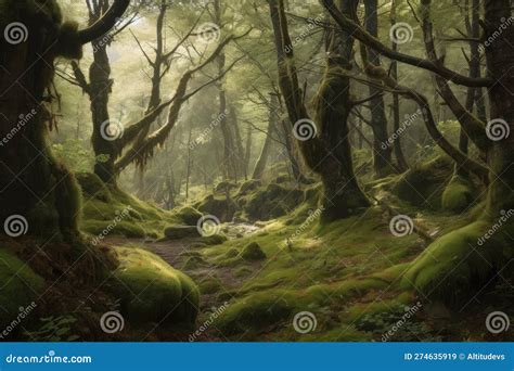 Serene Forest With Moss Covered Trees And The Sound Of Birds Singing