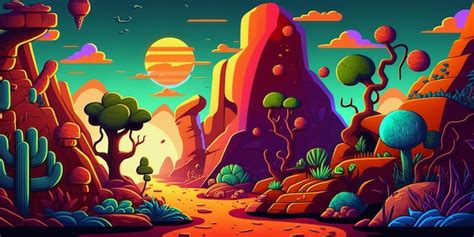 Una Ilustración De Dibujos Animados De Un Paisaje Desértico Con Montañas Y árboles Foto Premium