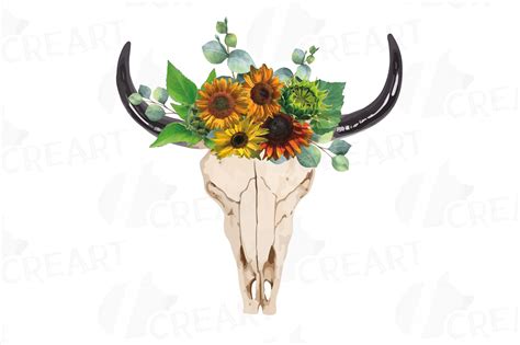 Bull Skull With Sunflowers Clipart Tribal Floral Bull Skull