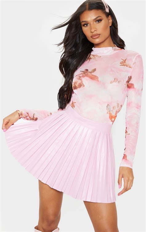 Pale Pink Faux Leather Pleated Skater Skirt Prettylittlething Aus