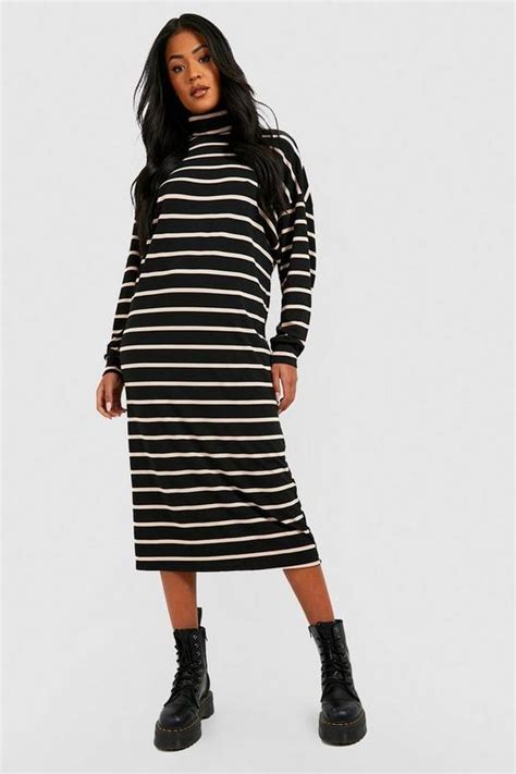 Tall Roll Neck Longsleeve Wide Stripe Midi Shift Dress Boohoo Uk