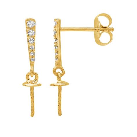 14K Yellow Gold Diamond Set Post Earrings With Pearl Peg RioGrande