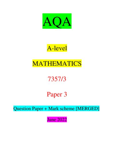 Aqa A Level Mathematics Paper Question Paper Mark Scheme