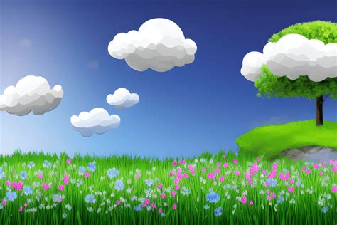 Cartoon Background with Green Grass and Flowers · Creative Fabrica