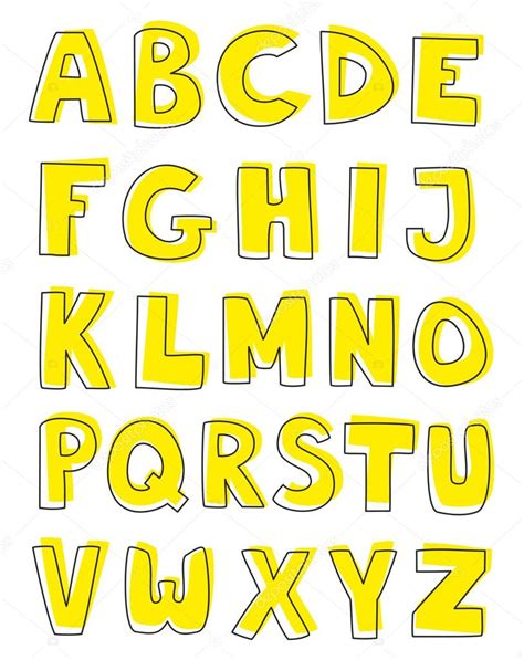 Alphabet Yellow Letters Hand Drawn Vector Set Isolated On White