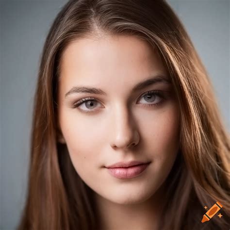 Close Up Portrait Of A Serious Young Woman With Brown Hair And Light Blue Eyes