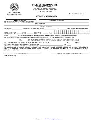 New Hampshire Affidavit Of Repossession Form PDFSimpli