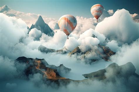 Surreal Float Landscape With Abstract Mountain Range And Floating