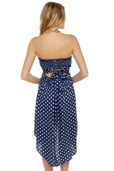 Cute Navy Blue Dress Polka Dot Dress Strapless Dress 5000