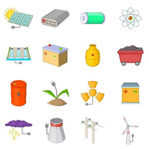 Energy Sources Icon Set Cartoon Vector Illustration Solar Battery Power