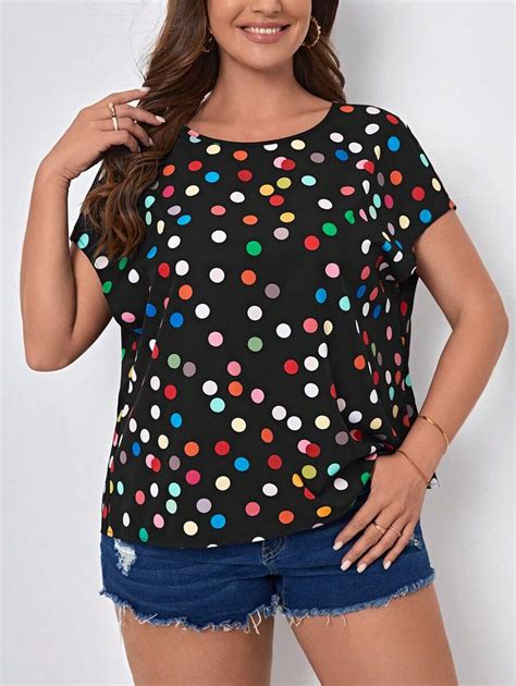 Shein Lune Plus Polka Dot Print Batwing Sleeve Blouse Shein Usa