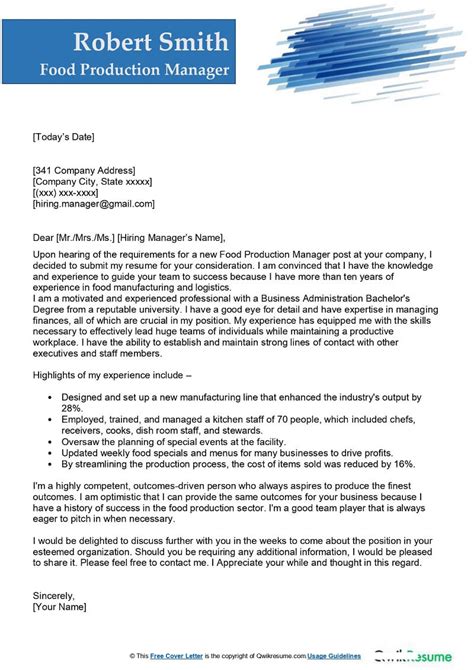 Food Processing Manager Cover Letter Examples Qwikresume