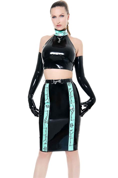 A Striking Logo Fronted Designer Latex Skirt By Westward Bound