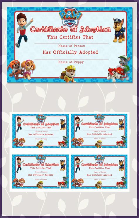 The Paw Patrol Certificate Is Shown In Blue And White With Cartoon