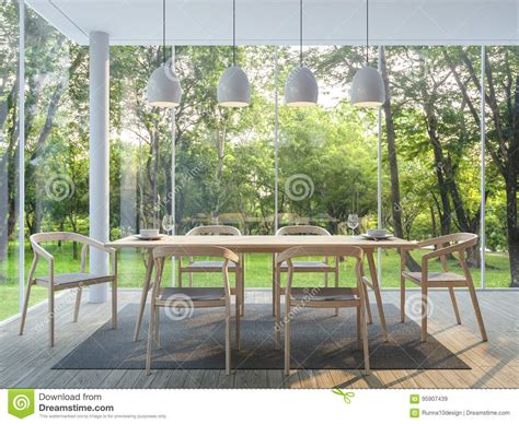 Modern Dining Room In The Glass House 3d Render Image Stock Illustration Illustration Of Basic