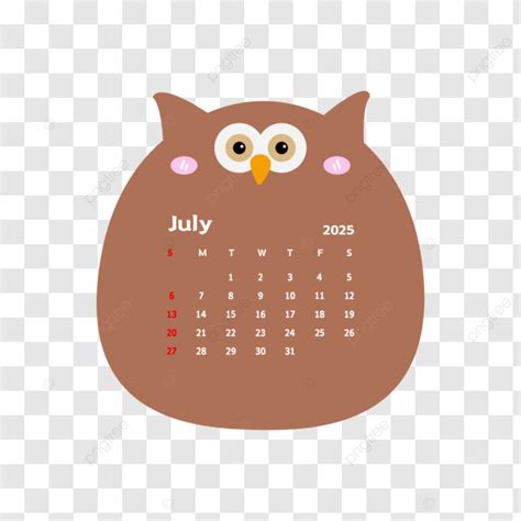 Kalender Bulanan Juli 2025 Dengan Kartun Burung Hantu Lucu Vektor