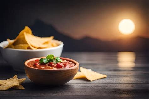 Premium AI Image | a bowl of salsa with chips and a bowl of chips.