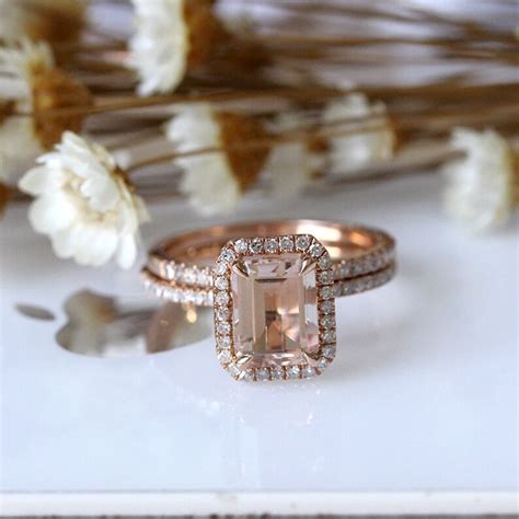 Emerald Cut Morganite Engagement Ring Set 14k Rose Gold Etsy