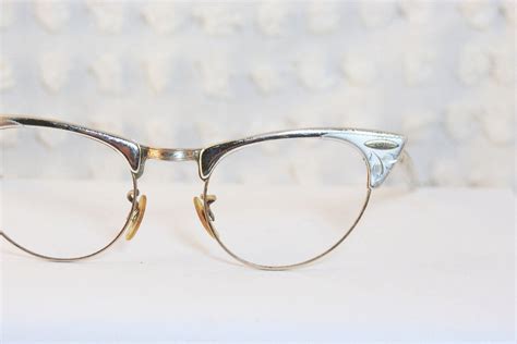 Silver Cat Eye 1960s Eyeglasses Etched Aluminum Browline Wire Rim Frame Wide 4620 By Shuron