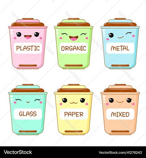 Kawaii Recycle Bins With Smiling Faces Cute Vector Image