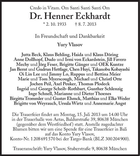 Traueranzeigen Von Henner Eckhardt SZ Gedenken De