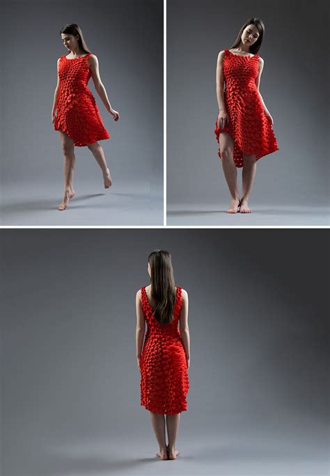 This 3D printed flowing red dress was inspired by petals, feathers, and ...