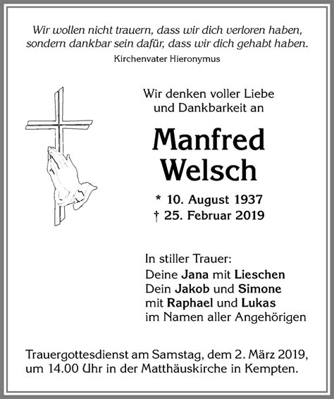 Traueranzeigen Von Manfred Welsch Augsburger Allgemeine Zeitung