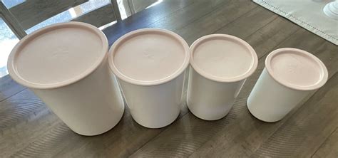 Tupperware Canister Set White Ivory Rose Light Pink One Touch Set Of 4 Nesting Stacking Counter