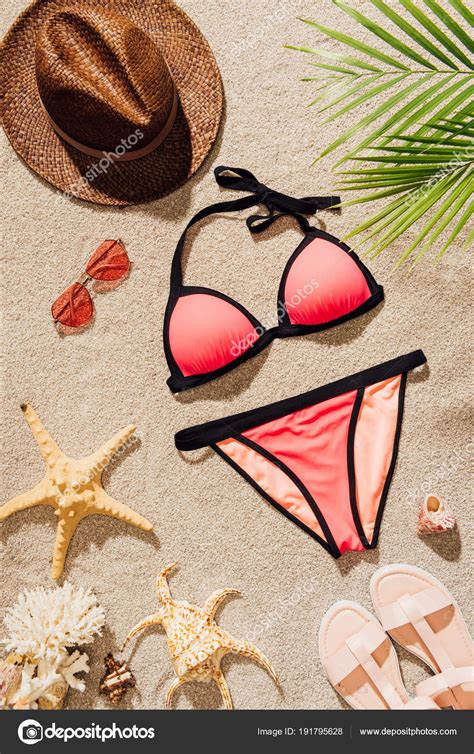 Top View Stylish Bikini Lying Sandy Beach Accessories Stock Photo By