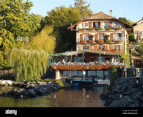 Restaurant On Lake Geneva In The Village Of Yvoire One Of The Most