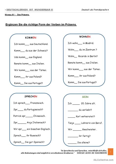 A1 Das Präsens Übung 01 Deutsch DAF Arbeitsblätter pdf doc