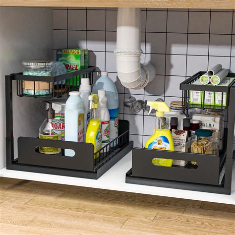 Bukfen Under Sink Organizer Pull Out Cabinet Organizer 2 Tier Slide Out Sliding Shelf Under