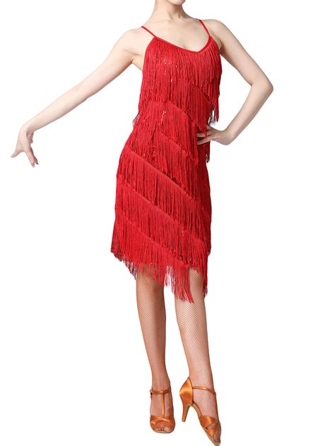 Gwiyeopda Latin Dance Dress For Women Shiny Sequins Tassels Spaghetti