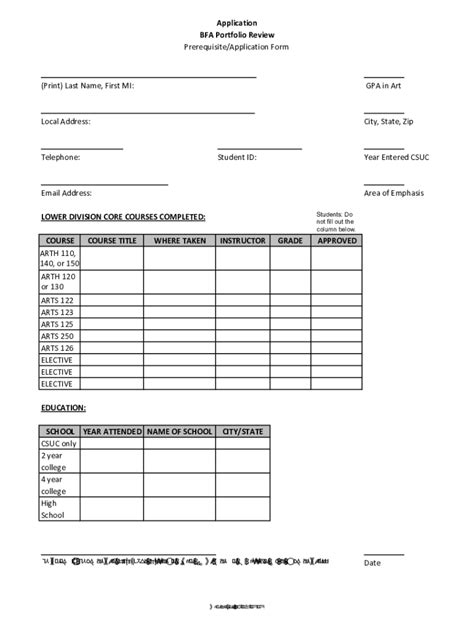 Fillable Online BFA Application Forms And Materials Checklist Chico