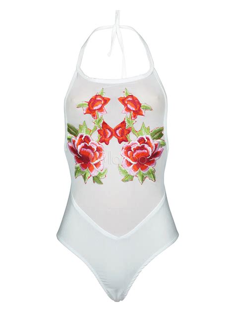 White Bathing Suits Halter Sleeveless Peony Embroidered Semi Sheer