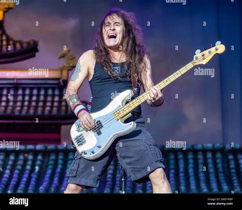 Steve Harris Of Iron Maiden Playing Live On Stage Stock Photo Alamy