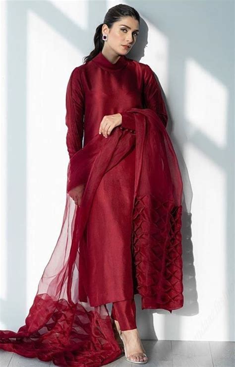 Silk Pakistani Pant Style Suit In Maroon Color Plain Kurti Designs