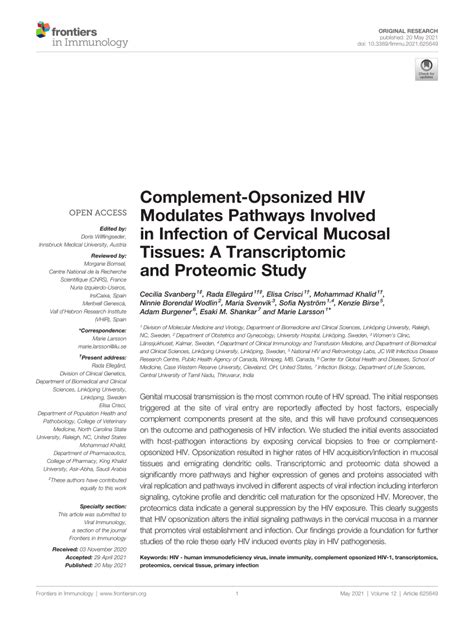 Pdf Complement Opsonized Hiv Modulates Pathways Involved In Infection