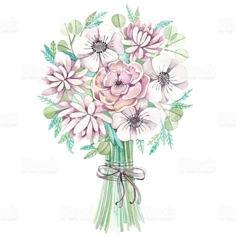 Watercolor And Drawn Wedding Bouquet With Flower On White Background