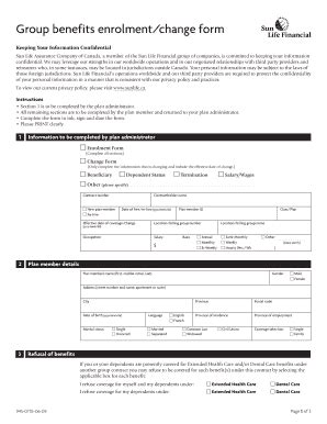 Fillable Online SunLife Benefits Change Form Canadian Shield