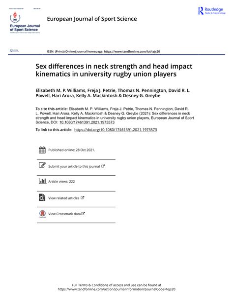 PDF Sex Differences In Neck Strength And Head Impact Kinematics In University Rugby Union Players